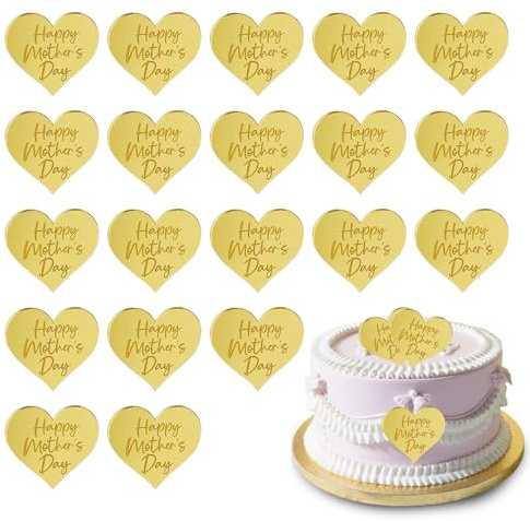 20pcs Happy Mother's Day Cake Topper, Gold Love Heart Acrylic Cake Decorations, Mothers Cupcake Decorating for Cupcakes Engraved Picks Best Mother's Day Party Valentine's Decoration Mum Mother