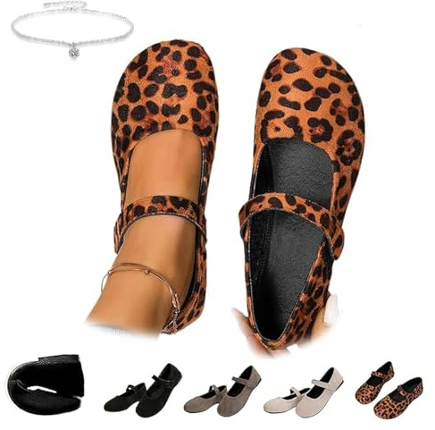 Ballerine ortopediche Mary Jane in camoscio da donna, comode e larghe con punta arrotondata, suola morbida, stampa leopardata, eleganti in pelle scamosciata, comode, senza lacci, con cinghie, Stampa