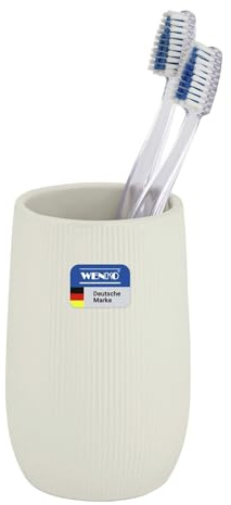 WENKO Zahnputzbecher Mod. Fablo aus Keramik mit Rillenoptik, freistehend, für Zahnbürsten, Zahnpasta, als Mundspülbecher oder Pinselhalter in Bad, Hobbyraum, Küche oder am Schminktisch, Creme matt