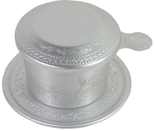 Filtro de Café de Goteo Portátil 1 Juego de Aluminio Plata | Estilo Vietnamita Vintage, Patrón Único, para Camping y Viaje al Aire Libre, Limpieza Sencilla