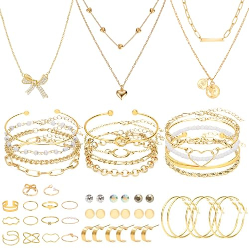ZXTGBQ 54 Pcs Gold Jewelry Sets Rings Bracelets Earrings for Women Layered, Bohemian Style Gold Bracelet, Necklace, Rings, Womens Jewellery Set, Fashion Necklace Gold Costume Jewellery Sets for Women