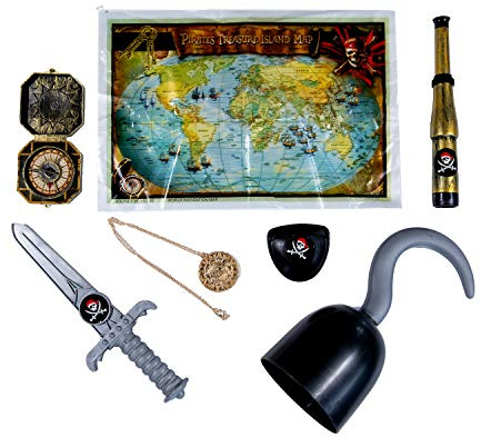 TRIXES Childs Pirate Accessories Set, Hook, Dagger, Eye Patch, Treasure Map, Telescope, Compass and Gold Medallion - Fancy Dress, Pirate Costume Kids, Party Costume Accessories