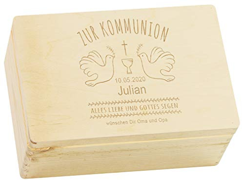 LAUBLUST Holzkiste zur Kommunion - Tauben Motiv | Geschenkkiste Personalisiert mit Gravur, FSC® (Natur, ca. 30 x 20 x 14 cm | M)