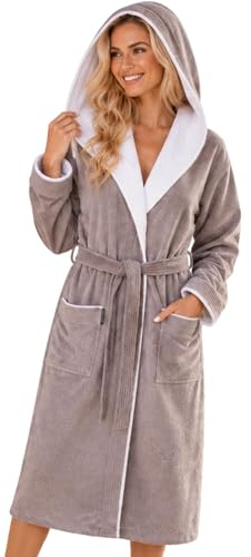 Morgenstern Peignoir de Bain Femme avec Capuche 100% Coton Éponge OEKO-TEX® Robe de Chambre Leonie Taupe-Gris/Beige L