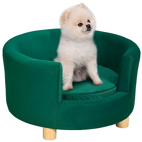 PawHut Divano per Cani Imbottito con Schienale e Cuscino Rimovibile, Cuccia per Gatto da Interno, 65x64x37cm, Verde