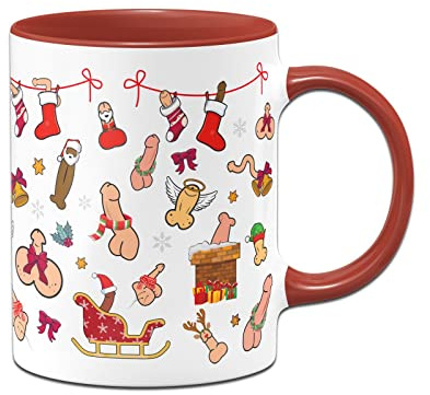 Tassenbrennerei Penis Tasse Wimmelbild Weihnachten (Rundumdruck) - Kaffeetasse lustig Geschenk für Kollegen (Rot)