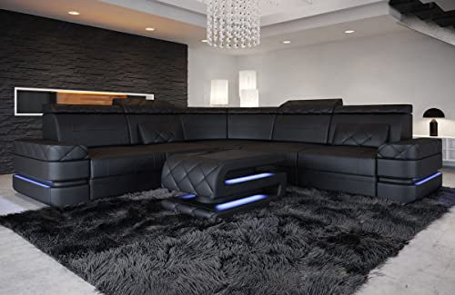 Ledersofa Positano in L-Form als Ecksofa mit LED Beleuchtung Couch mit Kopfstützen modernes Sofa (Black)