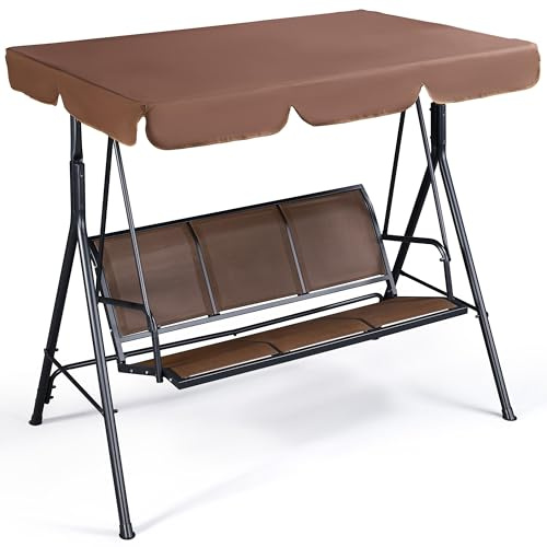 Yaheetech 3-Seat Porch Swing with Adjustable Canopy & Armrests, Dark Brown | Texteline Fabric Seat with Armrests | Adjustable Canopy | Hanging Outdoor Swing for Backyard, Garden, Balcony and Patio