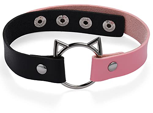 Flongo Tattoo Choker Leder Halsband Lederhalsband Damen, Leder Halskette Halsband Anhänger Choker Tattoo Kette Katze Katzenohren sexy Halskette