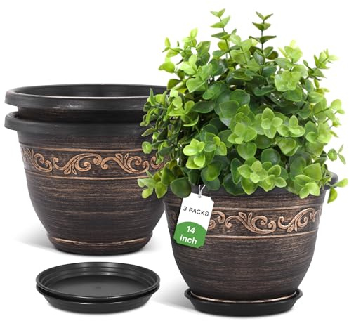 Fioriere in plastica, 35,5 cm, con foro di drenaggio e piattino, confezione da 3 vasi da fiori leggeri in resina per interni ed esterni, set di contenitori decorativi da giardino per piante