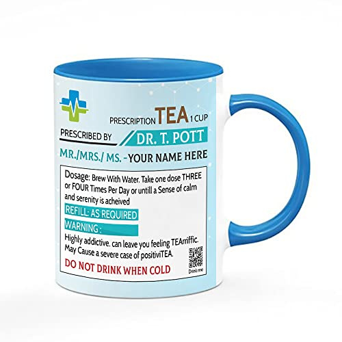 Personalised Name Tea Prescription 11oz Inside Coloured Ceramic Cup Mug. (Blue)