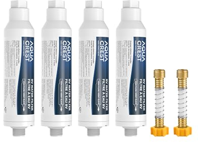 AQUA CREST RV Water Filter, RV Inline Hose Water Filter, Garden and Camper Water Filter, NSF Certified, Greatly Reduces Chlorine, Bad Taste, Odor, 4 Pack with 2 Hose Protector