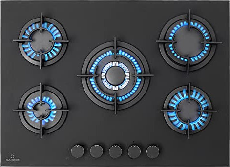 Klarstein Gasherd für Propan/Erdgas, Gas Kochplatte aus Edelstahl, Gaskochfeld mit 10400W Einbau-Gaskochfeld 5 Flammig, Propangas Camping Wohnmobil Küche, Herdplatte Flammen, Black