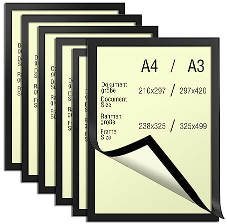 Inqzen Selbstklebender Magnetrahmen für Fotos, Bilder, Kinderkunst und Schilder. A3 oder A4 Größe, 6 Stück/Pack, bohrfrei, einfache Installation und Austausch. (Schwarz, A4)