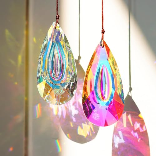 HDCRYSTALGIFTS 2 Stück 89 mm hängende Kristallprismen-Sonnenfänger, Sonnenfänger Kristall Regenbogenmacher für Zuhause Garten Dekor Glasornamente für Weihnachtsbaum