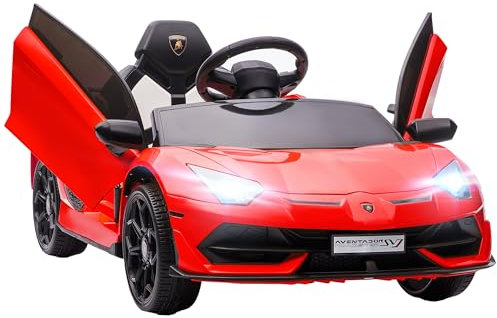 HOMCOM Kinder Elektroauto Lamborghini Aventador SVJ Roadster 12V Kinderauto mit 2,4 G Fernbedienung, 2 Motor, Kinderfahrzeug mit MP3 Hupe, Musik, Sanftstart, Elektrofahrzeug für 3-5 Jahre Kinder, Rot