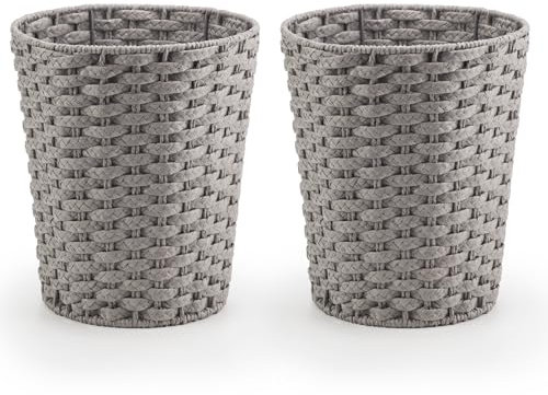 woodluv Round Waste Paper Basket Bin Set of 2 Storage Boxes, Rubbish Bin for Bedroom, Bathroom, Offices or Home, Grey