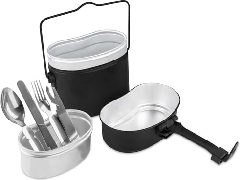 Original Bundeswehr Essgeschirrset Essbesteck + BW Aluminium Kochgeschirr Camping-Geschirr Besteck-Set - leichtes rostfreies Reisebesteck Schwarz 6-Teilig