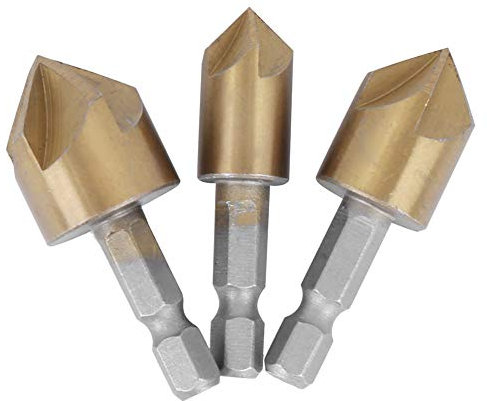 Kuuleyn Woodworking Tool Deburring Drill 3PCs Chamfer Cutter Woodworking Tool High Speed Steel Gold Hex Rod 5 Flute 90° 12mm to 19mm