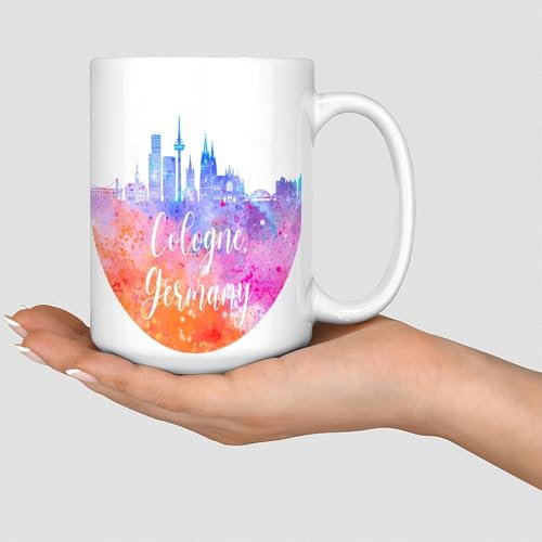 Kaffeetasse mit Deutschland, Köln, 425 ml, bunte Stadt-Skyline, niedliche Kaffeetasse, Frauengeschenk, Muttertagsgeschenk, Geburtstagsgeschenk von Tochter, Sohn, Ehemann, Keramik, Weiß