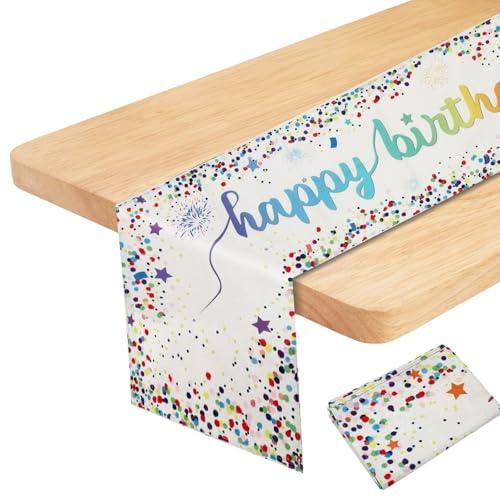 Hejo Happy Birthday Table Runner, Linen Birthday Party Table Decorations Cloth, Tear Resistant Happy Birthday Table Banner, Rectangular Dining Table Runner for Birthday Party (White, 180*33cm)