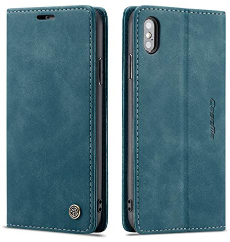 owlhold Hülle iPhone XS Max klapphülle Premium Lederhülle Weiches Vintage-Nubukleder Faltbare Ständer Schutzhülle Kartenfach Standfunktion stoßfest Handyhülle iPhone XS Max -Blaugrün