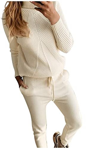 Strickset für Damen, Kostüm, Rollkragen, einfarbig, Pullover, Pullover, Hosenanzug, warm, weich, lässig, zweiteilig Rotes Sweatshirt Damen (Beige, M)