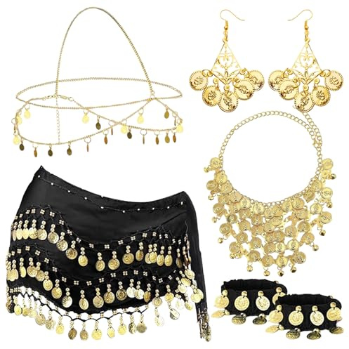 7 Pezzi Danza del Ventre, Gonna Danza del Ventre, Cintura Danza del Ventre Donna, Accessori Danza del Ventre, con Orecchini, Collana, Gonna, Foulard Ai Fianchi, per Carnevale, Spettacoli di Festa