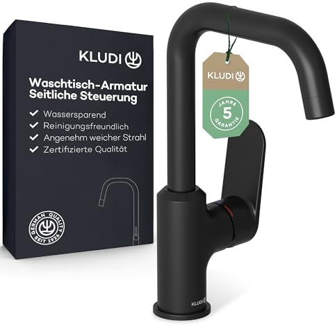 KLUDI-X1 Wasserhahn Bad, 360° schwenkbar, Auslaufhöhe 205 mm, wassersparende Waschtischarmatur Schwarz Matt Größe L, Keramikkartusche, Mischbatterie Waschbecken inkl. Anschlussschläuche