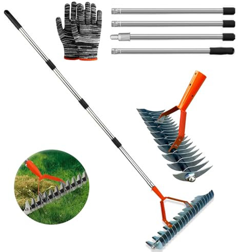 Vertikutierer Rechen mit Stiel 170cm, Schneidrechen Garten, Moosrechen, Vertikutierrechen, Verstellbarer Handvertikutierer, Bodenrechen zum Reinigen von Totem Gras, für Garten, Hof, Rasen