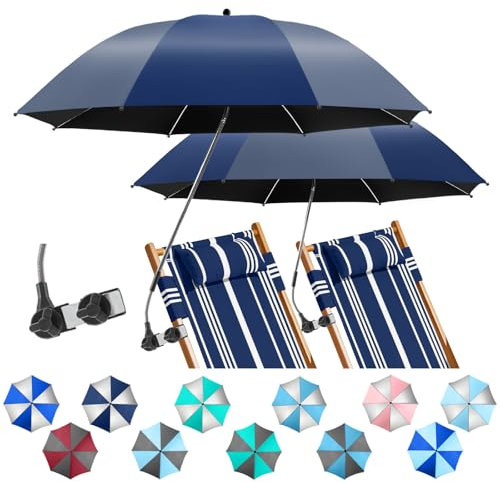 NBtoUS Paquete de 2 paraguas para silla con abrazadera, paraguas ajustable de 360° para silla, UPF50+ para playa, patio, camping, carritos de golf (azul tinta/gris lrón, no incluye silla)