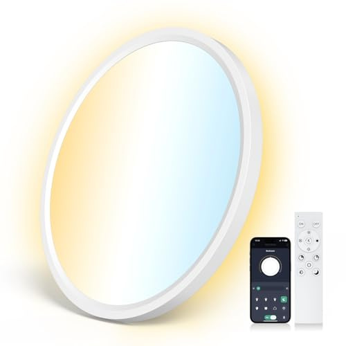 Aphyni LED Deckenleuchte Weiß Ø40 cm 33W, dimmbar, ultraflach und IP44 | 3000–6500 K, 4000 lm, Nachtlicht, moderne runde Badlampe für Wohnzimmer, Küche, Schlafzimmer, Bad, Balkon und Keller