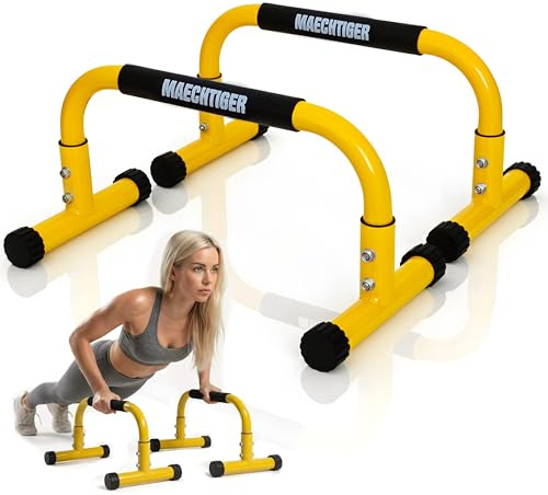 MAECHTIGER Premium Parallettes - extralange Liegestützgriffe/Push Up Bars aus Stahl - mit Ausgleichsystem für stabilen Stand - rutschfest & gelenkschonend - für Calisthenics, Fitness, Indoor & Outdoor