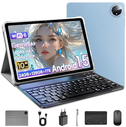 Raemond 10 Pouces Android 15 Tablette avec Clavier, 24GB RAM + 128GB ROM (TF 1To), T615 Octa-Core, 1280x800 écran IPS HD,WiFi 6, BT 5.4, 5MP+8MP Double caméra 6000mAh,Widevine L1,Gemini AI,GPS (Bleu)
