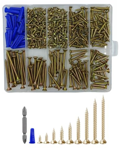 Wensilon (385PCS) Flat Head Black Wood Screws, Quick Metal self Tapping Flat Head, Equipped with Dry Wall Plastic Anchor kit.
