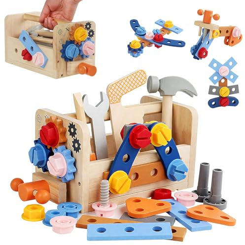 Aevorant Cassetta degli Attrezzi, banco da Lavoro per Bambini, Giocattolo in Legno per Bambini, Giochi di apprendimento delle capacità motorie, Giocattolo in Legno per 3, 4 e 5 Anni