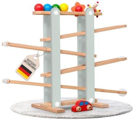 Coemo Stabile Kugelbahn L aus Holz, Grün, 7 niedliche Mobile wie Auto | Blume, Kasper, große Murmelbahn für Kinder, Rennbahn für Baby und Kleinkind, Motorikspielzeug, Hochwertiges Buchenholz