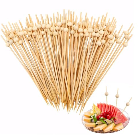 130 stycken cocktailspett, 13 cm spett, fingerfood, cocktailtillbehör, träspett med träpärlor, fingermatspett, cocktailspett för grillkvällar, födelsedagar, bröllop och fester