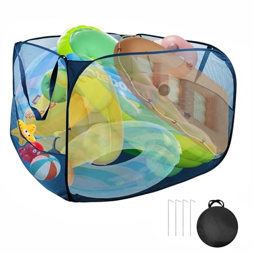 Large Pop up Pool Toy Storage Bin,47X47X30Pool Float Organizer Bag with 2 Side Pockets Mesh Swimming Pool Toys Organizer with 4 Ground Nails for Inflatable Toys, Beach Ball and Pool Accessories