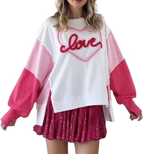 2025 Damsweatshirt, långärmad, broderi, alla hjärtans dag, romantik, tröja, feminint bomullstyg, vintermode, topp, hjärtmotiv, löst snitt, mysig fleece, vardagskläder