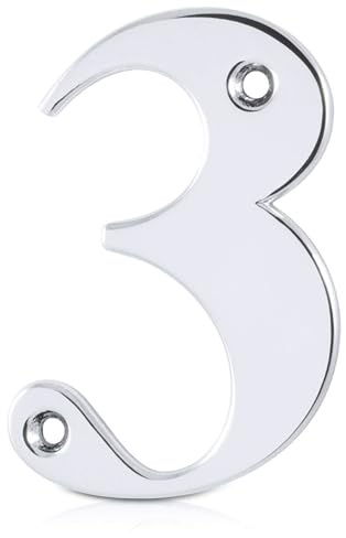 XFORT Polished Chrome Front Door Number 3, House Number Suitable for All Door Types including Wooden, uPVC, and Composite.