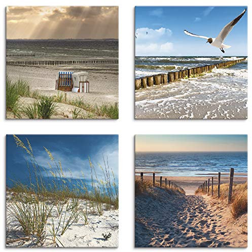 ARTLAND Wanddeko Strandbilder Leinwand Bilder Set 4 tlg. je 40x40 cm Quadratisch Wandbilder Landschaft Strand Natur Ostsee Sand Düne Gräser K2VB