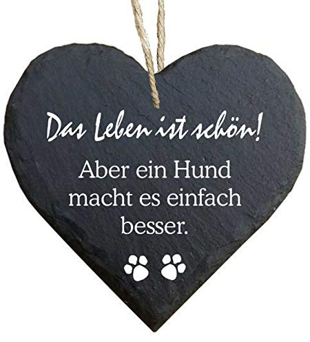 Homeyourself Herz Schieferherz Schiefer Schieferschild 10 x 10 cm Das Leben ist schön Aber EIN Hund Macht es einfach Besser schwarz Dekoschild Wandschild Schild Stein Hund Hundeschild