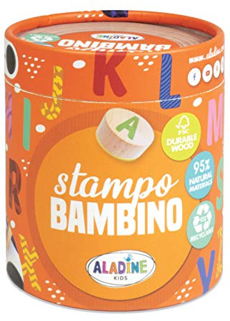 Aladine 3003134 Stempelset für Kinder, Stampo Bambino, Alphabet, 28 Holzstempel mit Stempelkissen