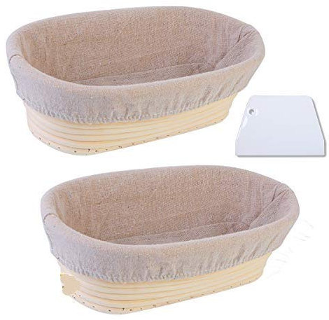 2Pz Cesto ovale Banneton Casa Lievita Pagnotta Cesto da Lievitazione del Pane Banneton in Rattan Cestino di Fermentazione con Fodera in Lino e Raschietto per la Pasta Ovale (25cm*15cm*8cm)