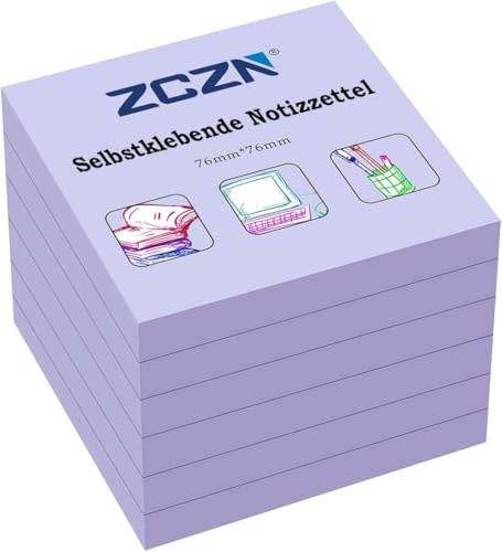 ZCZN Foglietti Adesivi Viscosità Super Forte, Sticky Notes Confezione da 6 Blocchetti, 76mm x 76 mm, 80 Fogli/Blocchetto, Viola