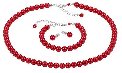 ba bijou-art Perlenkette Rot Armband Ohrstecker Titan Schmuck-Set Perlen 0,8 cm Versilbert