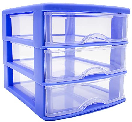 CABLEPELADO Torre de almacenamiento con 3 cajones sobremesa, Organizador de escritorio, Caja de almacenamiento de escritorio,18 cm alto x 17.7 cm ancho x 21.5 cm fondo, Azul y cajones transparentes