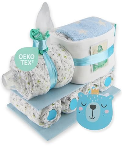 Windeltorte.com – Windelzug für Jungen | Windelzug in Blau - inkl. 29 LILLYDOO Windeln | Geschenk zur Geburt | Taufgeschenk | Geschenk zur Babyparty – Handgefertigte Windeltorte (Junge)