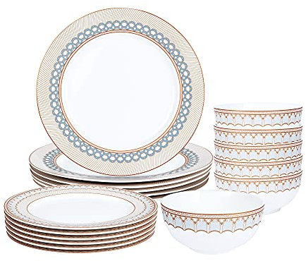 fanquare 18-Teilig Porzellan Kombiservice für 6 Personen, Graue Fischschuppenmuster-Essteller und Dessertteller, Schüsseln, Braunes Tafelservice